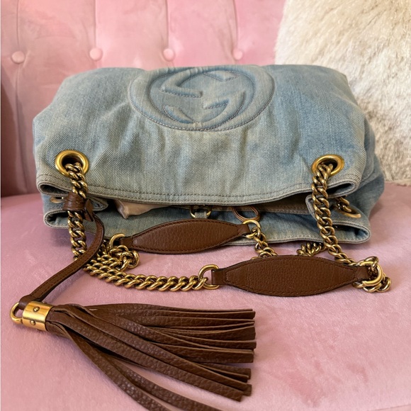 GUCCI SOHO DENIM Shoulder Bag Tote Brown Leather Tassel & Gold Hardware - Picture 12 of 16